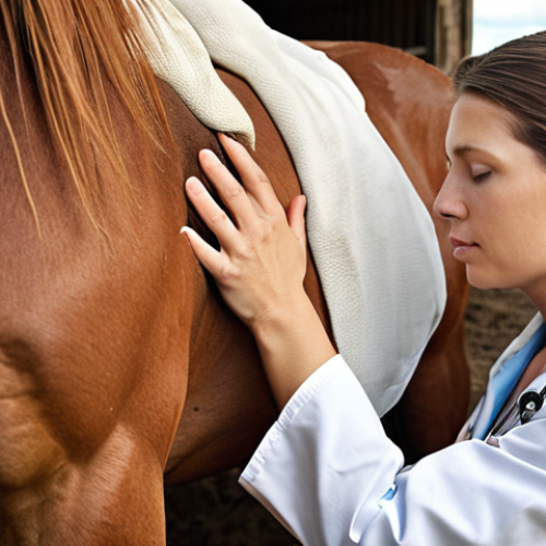 Home 19 **Veterinarian palpating a horse's abdomen:** Focus on the vet's hands and the horse's relaxed expression. Perhaps a sunny farm setting.