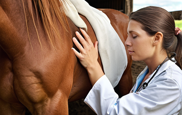 **Veterinarian palpating a horse's abdomen:** Focus on the vet's hands and the horse's relaxed expression. Perhaps a sunny farm setting.
