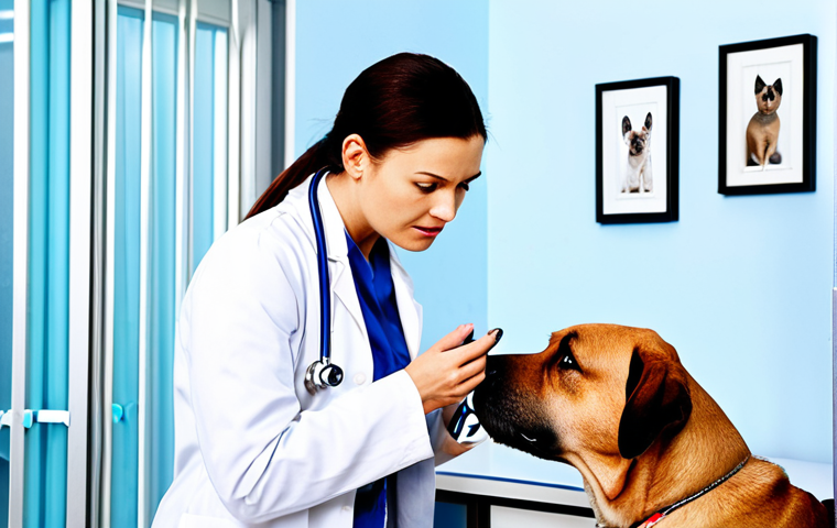 **A veterinarian in a bright, modern clinic, carefully communicating with a concerned pet owner while examining a dog.** (Focus on communication and empathy)