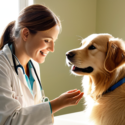 Home 17 **
A veterinarian gently examining a golden retriever puppy in a bright, modern clinic setting. The vet is smiling reassuringly at the puppy, while the owner looks on with a mix of concern and hope. Sunlight streams through a window, highlighting the clean and professional environment. The overall feeling is one of care, expertise, and compassion.
**
