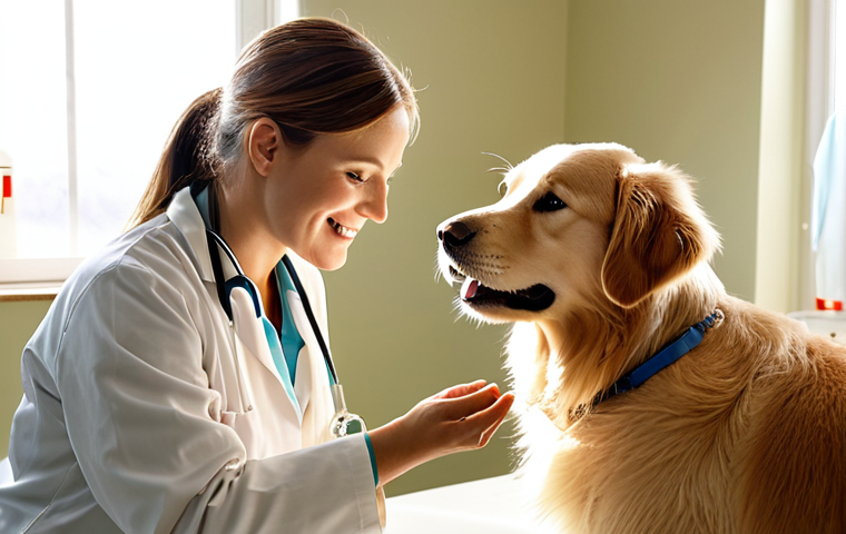 **
A veterinarian gently examining a golden retriever puppy in a bright, modern clinic setting. The vet is smiling reassuringly at the puppy, while the owner looks on with a mix of concern and hope. Sunlight streams through a window, highlighting the clean and professional environment. The overall feeling is one of care, expertise, and compassion.
**