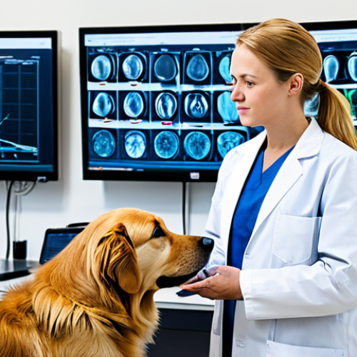 Home 8 A professional female veterinarian, fully clothed in a modest lab coat, stands in a state-of-the-art veterinary research laboratory. She is meticulously examining a large, transparent display screen showcasing complex genetic sequencing data and AI-driven, high-resolution diagnostic images of internal animal anatomy. A calm, well-groomed golden retriever rests peacefully by her side, representing the focus of advanced animal care. The lab environment is bright, sterile, and features modern, sleek equipment. The image emphasizes precision medicine and cutting-edge diagnostics, safe for work, appropriate content, fully clothed, professional dress, perfect anatomy, correct proportions, natural pose, well-formed hands, proper finger count, natural body proportions, high-quality photograph.