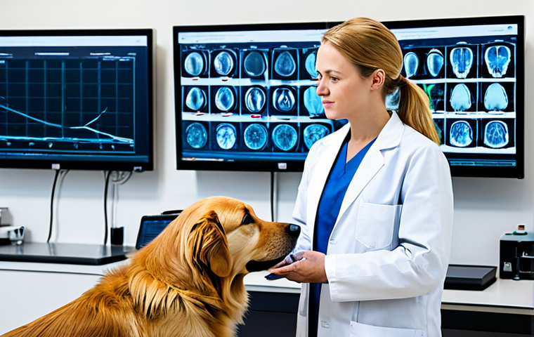 A professional female veterinarian, fully clothed in a modest lab coat, stands in a state-of-the-art veterinary research laboratory. She is meticulously examining a large, transparent display screen showcasing complex genetic sequencing data and AI-driven, high-resolution diagnostic images of internal animal anatomy. A calm, well-groomed golden retriever rests peacefully by her side, representing the focus of advanced animal care. The lab environment is bright, sterile, and features modern, sleek equipment. The image emphasizes precision medicine and cutting-edge diagnostics, safe for work, appropriate content, fully clothed, professional dress, perfect anatomy, correct proportions, natural pose, well-formed hands, proper finger count, natural body proportions, high-quality photograph.